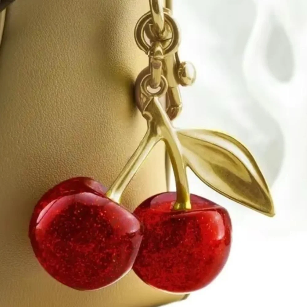 Gold and Red Cherry Bag Charm Keychain